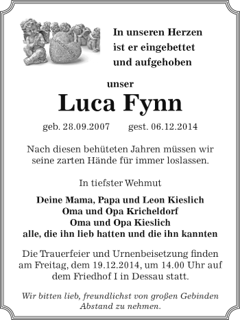 Traueranzeige von Luca Fynn von WVG - Wochenspiegel Dessau / Köthen