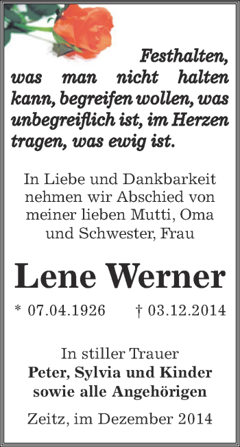Traueranzeige von Lene Werner von Super Sonntag Zeitz
