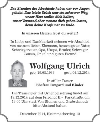 Traueranzeige von Wolfgang Ulrich von Super Sonntag Bernburg