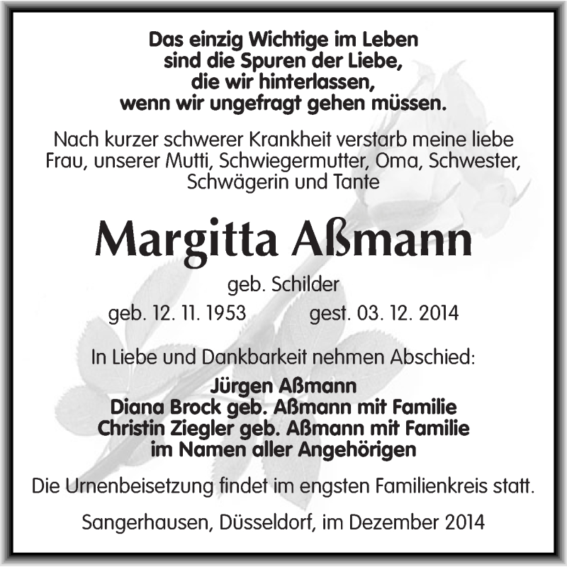  Traueranzeige für Margitta Aßmann vom 14.12.2014 aus Super Sonntag SGH Mansf. Land