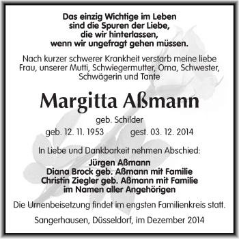 Traueranzeige von Margitta Aßmann von Super Sonntag SGH Mansf. Land