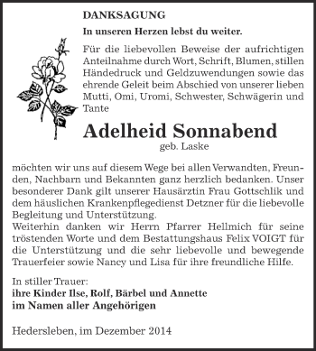 Traueranzeige von Adelheid Sonnabend von Super Sonntag SGH Mansf. Land