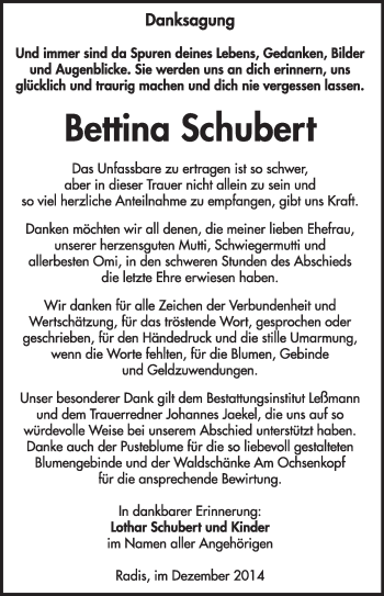 Traueranzeige von Bettina Schubert von WVG - Wochenspiegel Wittenberg