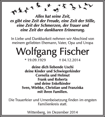 Traueranzeige von Wolfgang Fischer von WVG - Wochenspiegel Wittenberg