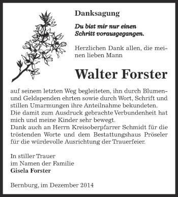 Traueranzeige von Walter  Forster von Super Sonntag Bernburg