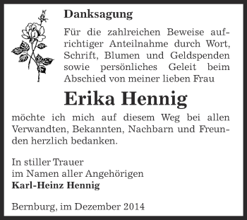 Traueranzeige von Erika Hennig von Super Sonntag Bernburg