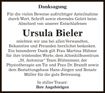 Traueranzeige von Ursula Bieler von Super Sonntag Aschersleben