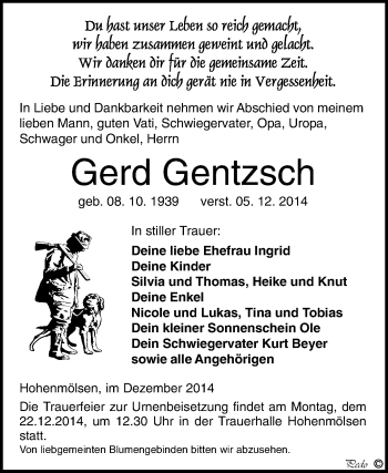 Traueranzeige von Gerd Gentzsch von WVG - Wochenspiegel NMB / WSF / ZTZ