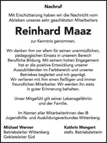 Traueranzeige von Reinhard Maaz von WVG - Wochenspiegel Wittenberg