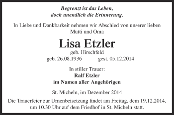 Traueranzeige von Lisa Etzler von WVG - Wochenspiegel Merseburg