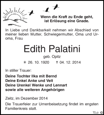 Traueranzeige von Edith Palatini von Super Sonntag Zeitz