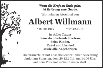 Traueranzeige von Albert Willmann von Super Sonntag SGH Mansf. Land