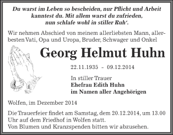 Traueranzeige von Georg Helmut Huhn von WVG - Wochenspiegel Bitterfeld