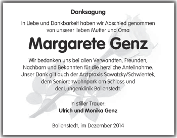 Traueranzeige von Margarete Genz von WVG - Wochenspiegel Quedlinburg