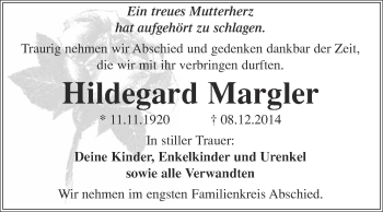 Traueranzeige von Hildegard Margler von WVG - Wochenspiegel NMB / WSF / ZTZ