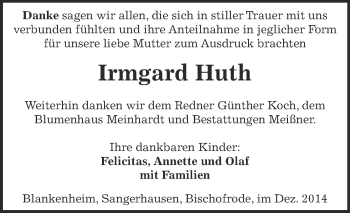 Traueranzeige von Irmgard Huth von WVG - Wochenspiegel SGH