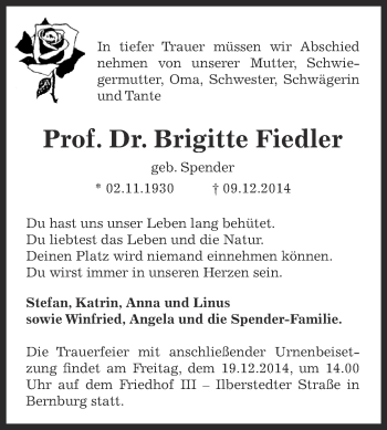 Traueranzeige von Brigitte Fiedler von Super Sonntag Bernburg