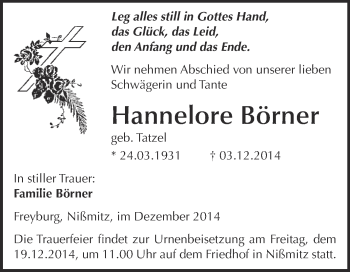 Traueranzeige von Hannelore Börner von WVG - Wochenspiegel NMB / WSF / ZTZ