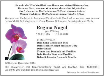 Traueranzeige von Regina Nagel von WVG - Wochenspiegel Dessau / Köthen