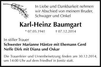 Traueranzeige von Karl-Heinz Baumgart von WVG - Wochenspiegel Dessau / Köthen