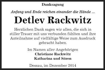 Traueranzeige von Detlev Rackwitz von WVG - Wochenspiegel Dessau / Köthen