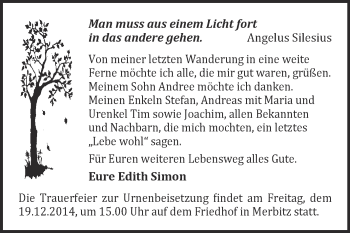 Traueranzeige von Edith Simon von Super Sonntag Halle