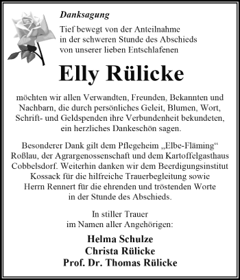 Traueranzeige von Elly Rülicke von WVG - Wochenspiegel Dessau / Köthen