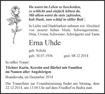 Traueranzeige von Erna Uhde von WVG - Wochenspiegel Merseburg