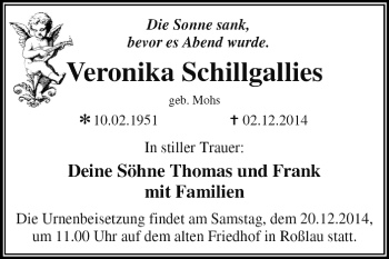 Traueranzeige von Veronika Schillgallies von WVG - Wochenspiegel Dessau / Köthen