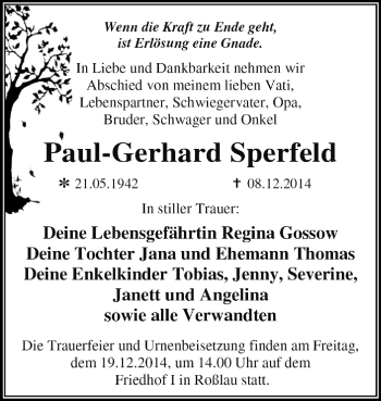 Traueranzeige von Paul-Gerhard Sperfeld von WVG - Wochenspiegel Dessau / Köthen