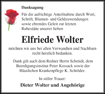 Traueranzeige von Elfriede Wolter von WVG - Wochenspiegel Dessau / Köthen