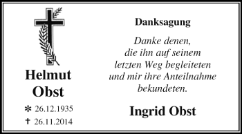 Traueranzeige von Ingrid Obst von WVG - Wochenspiegel Dessau / Köthen