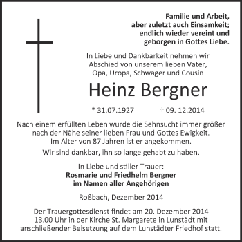 Traueranzeige von Heinz Bergner von WVG - Wochenspiegel Merseburg