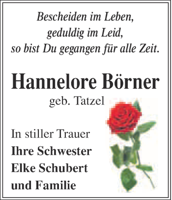 Traueranzeige von Hannelore Börner von WVG - Wochenspiegel NMB / WSF / ZTZ