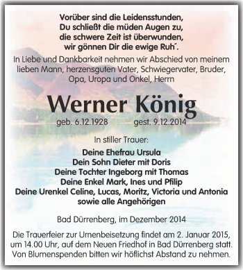 Traueranzeige von Werner König von Super Sonntag Merseburg