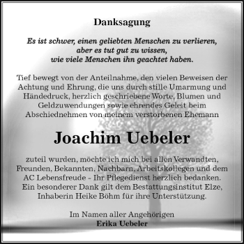 Traueranzeige von Joachim Uebeler von WVG - Wochenspiegel Dessau / Köthen