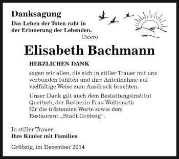 Traueranzeige von Elisabeth Bachmann von WVG - Wochenspiegel Dessau / Köthen