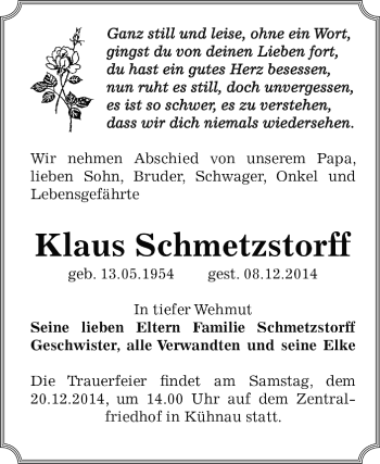 Traueranzeige von Klaus Schmetzstorff von WVG - Wochenspiegel Dessau / Köthen