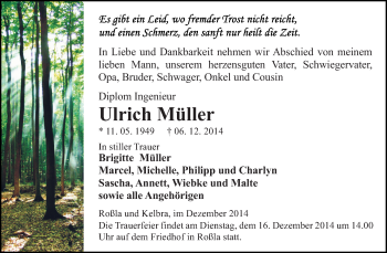 Traueranzeige von Ulrich Müller von Super Sonntag SGH Mansf. Land