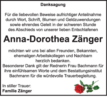 Traueranzeige von Anna-Dorothea Zänger von Super Sonntag Dessau / Köthen