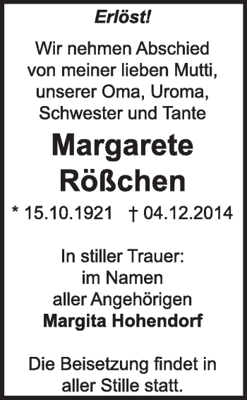 Traueranzeige von Margarete Rößchen von Super Sonntag Dessau / Köthen