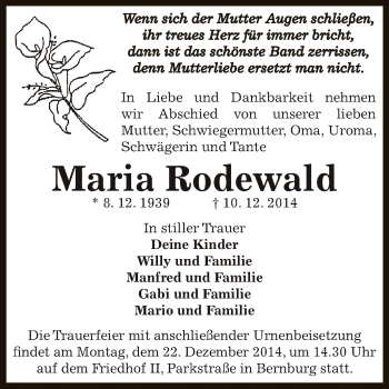Traueranzeige von Maria Rodewald von Super Sonntag Bernburg