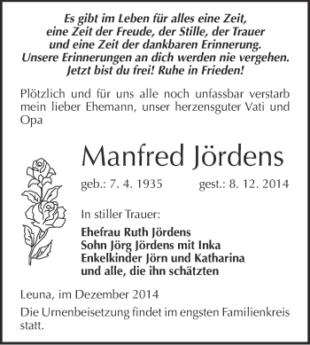 Traueranzeige von Manfred Jördens von WVG - Wochenspiegel Merseburg
