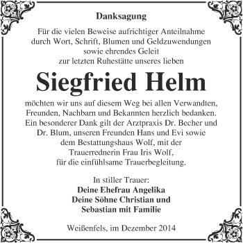Traueranzeige von Siegfried Helm von WVG - Wochenspiegel NMB / WSF / ZTZ