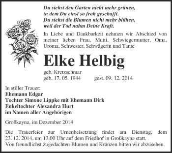 Traueranzeige von Elke Helbig von WVG - Wochenspiegel Merseburg