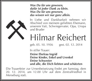 Traueranzeige von Hilmar Reichert von WVG - Wochenspiegel Merseburg