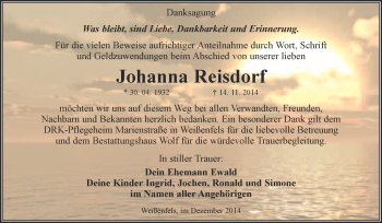 Traueranzeige von Johanna Reisdorf von WVG - Wochenspiegel NMB / WSF / ZTZ
