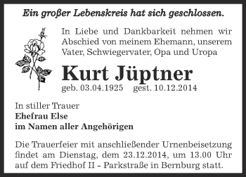 Traueranzeige von Kurt Jüptner von Super Sonntag Bernburg