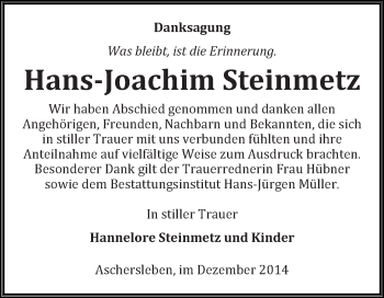 Traueranzeige von Hans-Joachim Steinmetz von Super Sonntag Quedlinburg