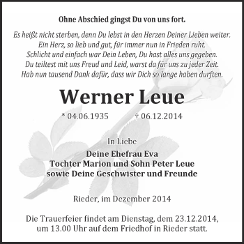 Traueranzeige von Werner Leue von WVG - Wochenspiegel Quedlinburg